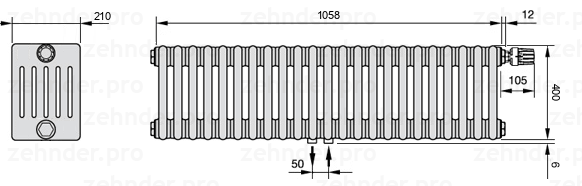 Схема (чертеж) Радиатор Zehnder Charleston 6040/23 №V008 Белый глянцевый RAL 9016